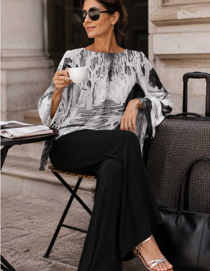 Woman wearing a shawl with the "Shadow" print