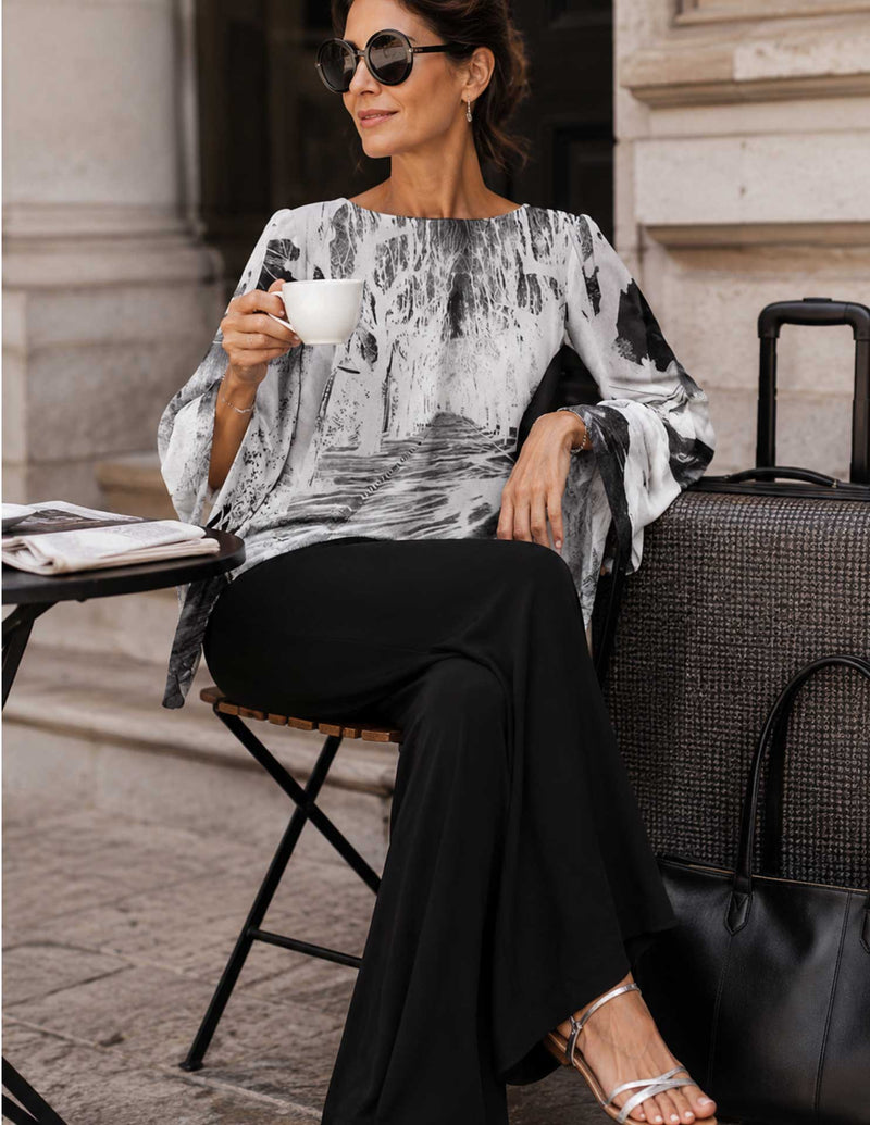 Woman wearing a shawl with the "Shadow" print