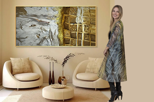 Modern room with the "Glam" art print on the wall behind a woman wearing the print on her dress