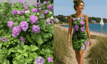 Woman wearing a Hydrangea Haven scarf in a modern room. She's standing in front of a "Hydrangea Haven" art print on the wall