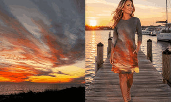 Room with a "Sunset at Longboat Key" art print on the wall behind a woman wearing the same print on her shawl