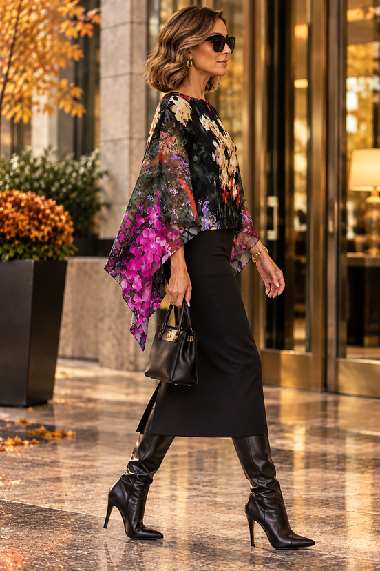 Ava Poncho (Sweater Knit) - Flowers Galore