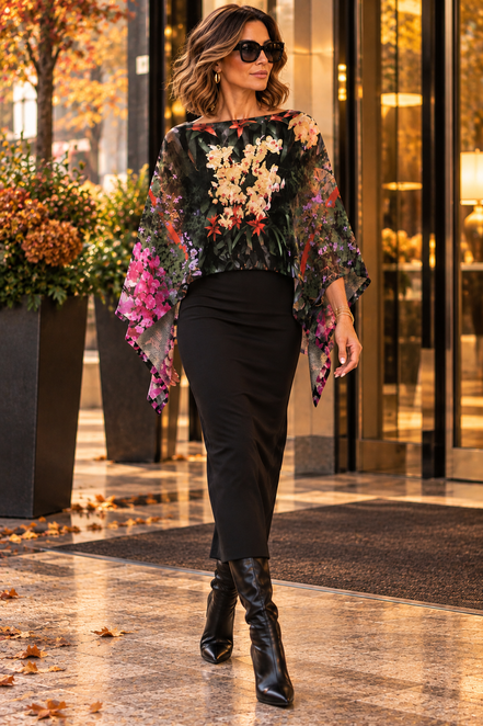 Ava Poncho (Sweater Knit) - Flowers Galore