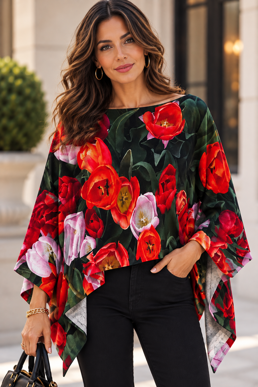 Ava Poncho (Sweater Knit) - Tulips