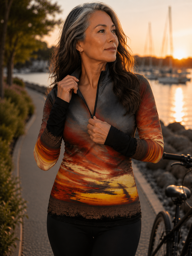 Jamie (Black Zipper) Top - Sunset at Longboat Key